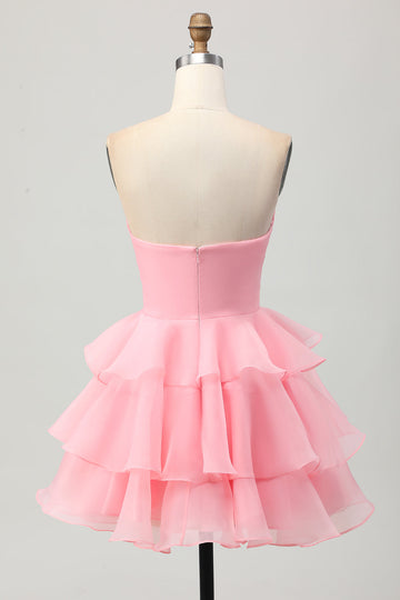 Cute Blush A-Line Strapless Cut Out Tiered Short Prom Dress